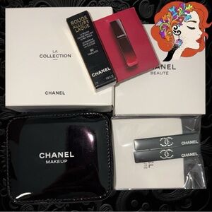 CHANEL Black Makeup case with hair accessories and lip gloss